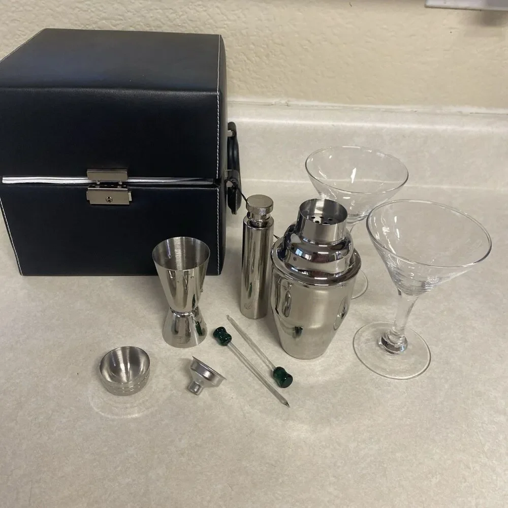 Vintage Black Leather Cocktail Martini Traveling set And 2 Keys